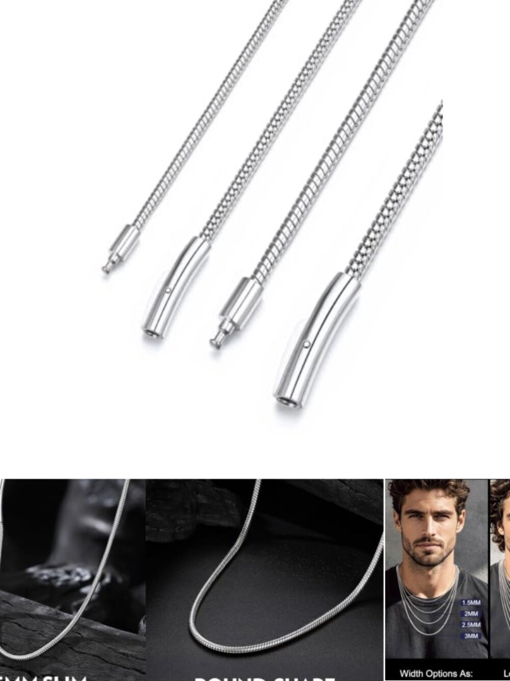 Men Stainless Steel 2MM Snake Rope Chain Necklace 24" Pendant-Ready